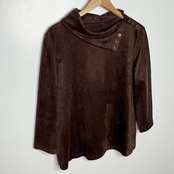 J. McLaughlin Womens Clio Top Large Brown Mocha Suede Button Mock Neck Classic - Picture 3 of 12